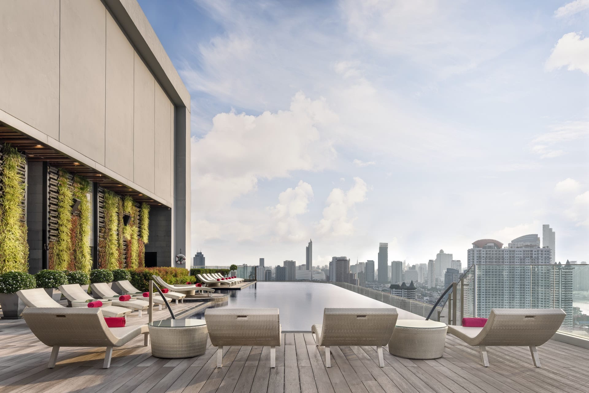View from the infinity pool over Bangkok at Avani_ Riverside Hotel in Thailand